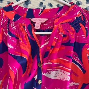 Lilly Pulitzer Pink Silk Elsa Blouse, Flamingo Pattern, XS